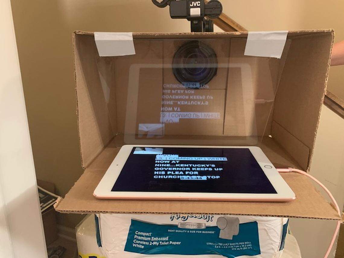 WTVQ-TV anchor Veronica Jean Seltzer has rigged up a prompter in her home studio using an iPad and a pane of glass inside a box.