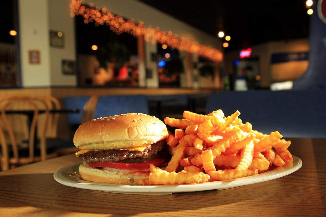 A Ho Burger with fries at Tolly-Ho