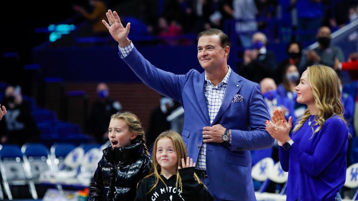 Former UK women’s basketball head coach Matthew Mitchell is honored at halftime of the Wildcats’ game against DePaul in Rupp Arena on Thursday night.