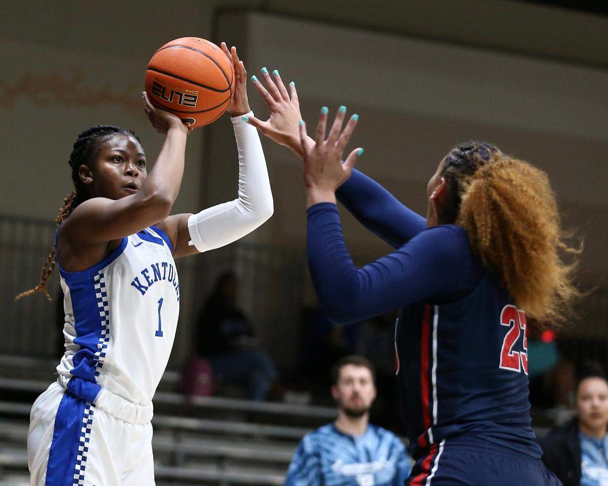 Graduate student guard Robyn Benton attempts a three-pointer during Kentucky’s win against Dayton in the Baha Mar Hoops Pink Flamingo Championship in the Bahamas on Wednesday.