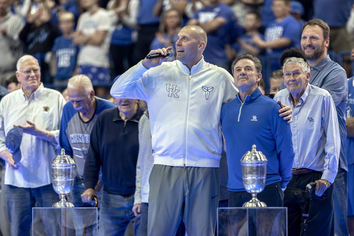 Kentucky head coach Mark Pope stands with former UK coach Rick Pitino during Big Blue Madness at Rupp Arena on Oct. 11.