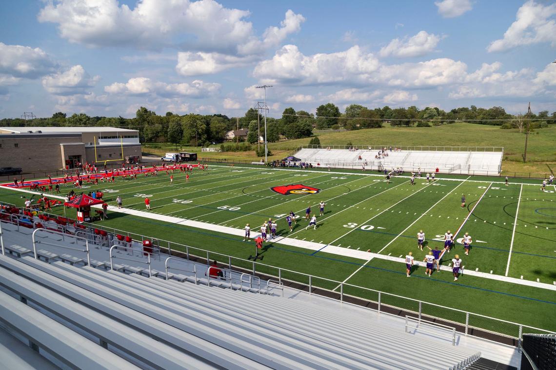 Scott County’s football team warmed up alongside players from Bowling Green ahead of the Cardinals’ first scrimmage at the new Cardinals Stadium football field on Aug. 9 at the new Scott County High School in Georgetown.