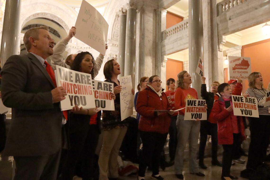 A crowd gathers in the Kentucky Capitol Rotunda Monday night to protest Gov. Matt Bevin’s surprise special legislative session to deal with Kentucky’s ailing pension systems.