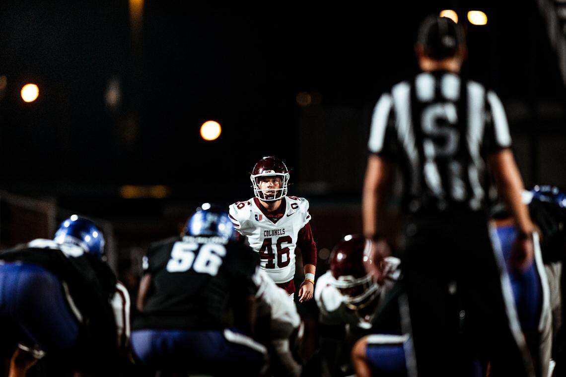 EKU kicker Patrick Nations prepares to attempt a 34-yard field goal against Tarleton State on Nov. 2. Nations made the kick, and now owns the EKU record for career kicking points.