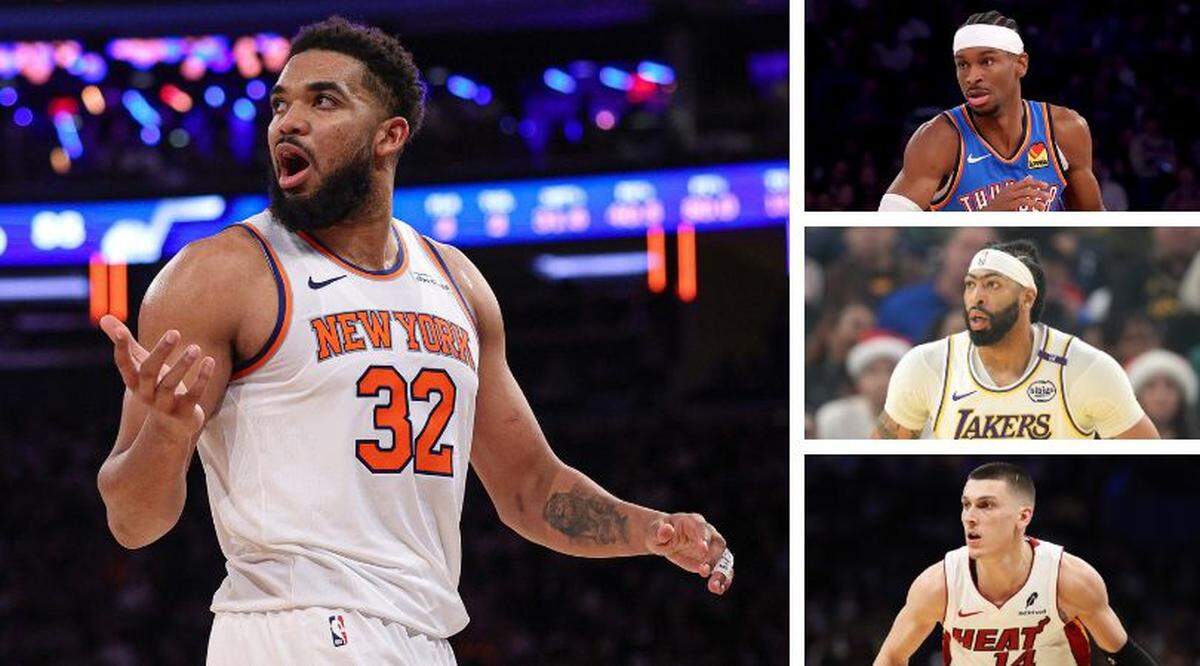 Karl-Anthony Towns, left, is on track to start in the 2025 NBA All-Star Game, and Shai Gilgeous-Alexander, top right, is a lock for that honor. Anthony Davis, center right, is also expected to be an All-Star again this season, while Tyler Herro could be named an Eastern Conference reserve.