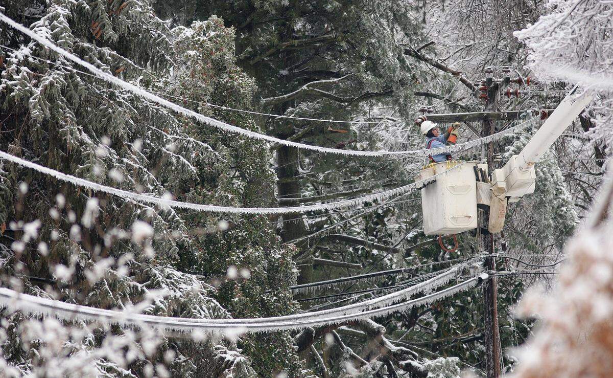 Scott Cochran, with Dillard Smith Construction Company out of Knoxville, worked on repairing a power line on Colony Blvd. a day after rain, snow and ice covered Lexington, Ky., on Thursday, January 29, 2009. Dillard Smith was contracted by Kentucky Utilities to help out with power restoration after the storm. 