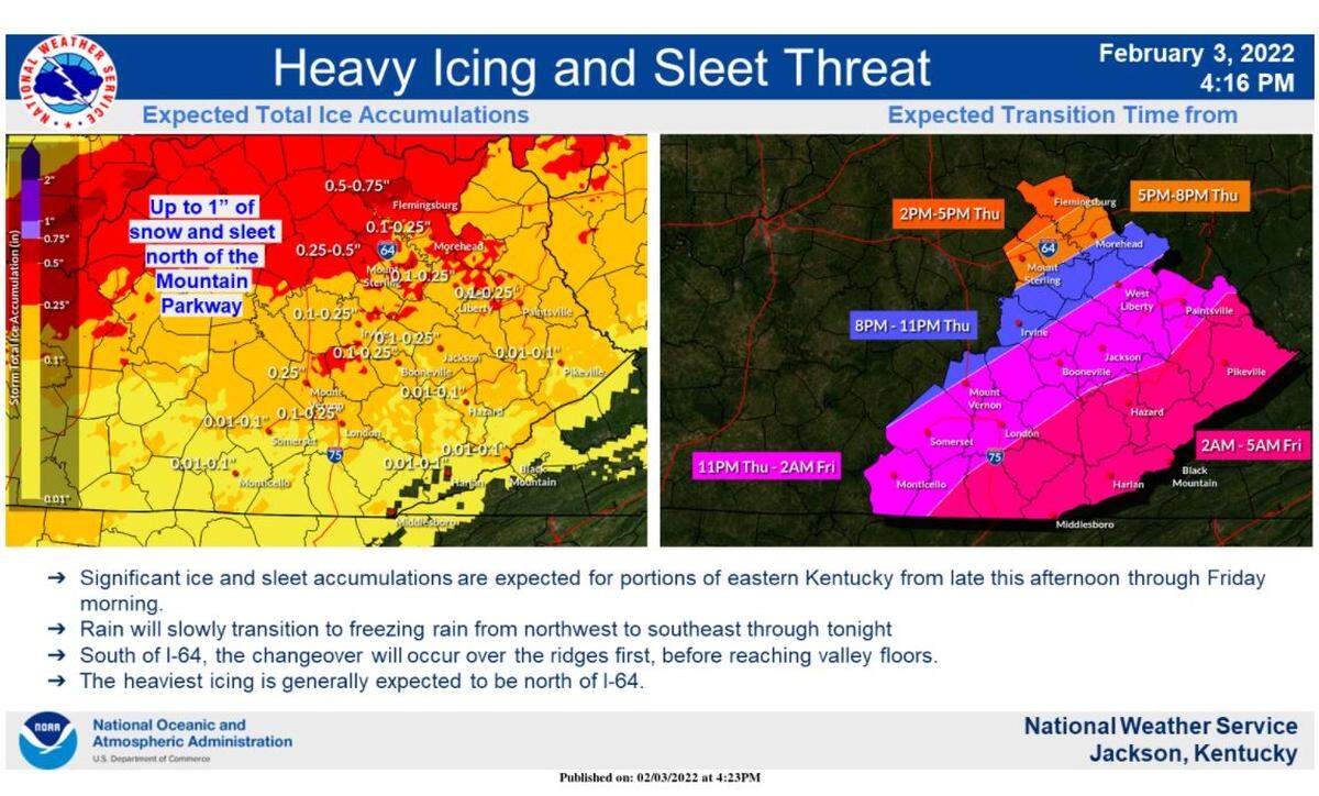 The National Weather Service has advised that rain followed by freezing temperatures could cause ice accumulations in Eastern Kentucky.