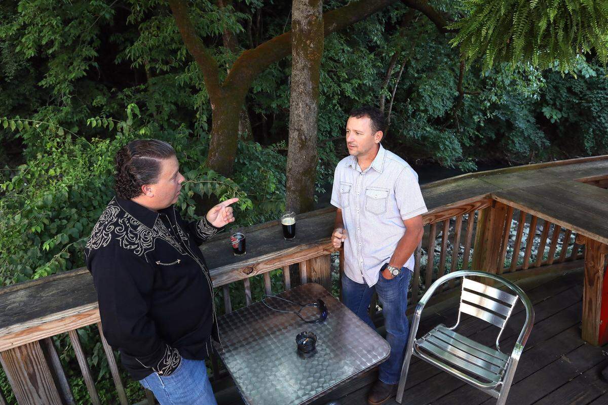 Guests can enjoy views of Town Branch Creek from the patio at The Break Room at the Pepper Distillery.