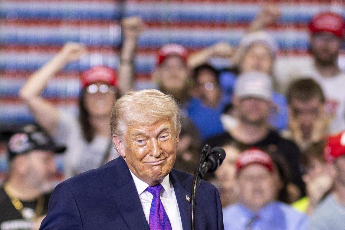 President Donald Trump reacts to a joke made from the crowd during his visit to Verst Logistics in Hebron, Kentucky, on Wednesday, March 11, 2026.