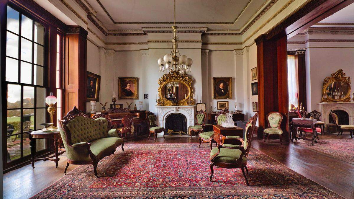 Ward Hall’s front parlor’s pilasters, scrolls and cornices speak to Greek tradition. The mansion’s design is attributed to noted Bluegrass area architect Major Thomas Lewinski. The historic Georgetown residence is in dire need of renovations and repairs.