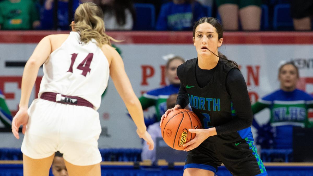 North Laurel’s Haley Combs (2) looks to pass during the opening game of the 2025 Girls’ Sweet 16 in Rupp Arena on Wednesday.