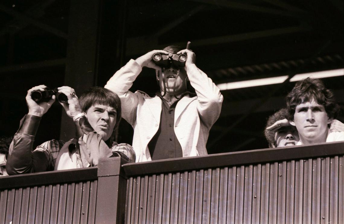 Cincinnati Reds third baseman Pete Rose, left, grimaced while watching the races at Keeneland on Oct. 13, 1976. Rose, relaxing before the World Series, attended the races with a high school pal, Joe Kaiser, with binoculars, and shared a box with sportscaster Tom Hammond, rear, and University of Kentucky basketball player Rick Robey. The Reds had won the National League Championship Series against Philadelphia the day before. The defending champion Reds would face the New York Yankees in the World Series, sweeping the Series to become the only team to sweep an entire multi-tier postseason.