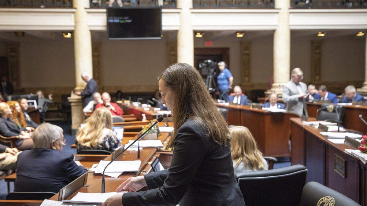 Kentucky state Sen. Adrienne Southworth, R-Lawrenceburg, speaks on the floor of the Senate at the Kentucky state Capitol in Frankfort, Ky., on Monday, April 15, 2024.