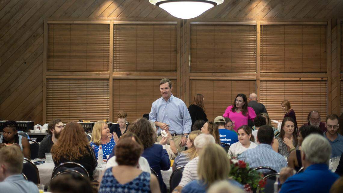 Kentucky Gov. Andy Beshear greets supporters during the Mike Miller Memorial Marshall County Bean Dinner at the Kentucky Dam Village State Resort Park Convention Center in Gilbertsville, Ky., on Friday, Aug. 4, 2023.
