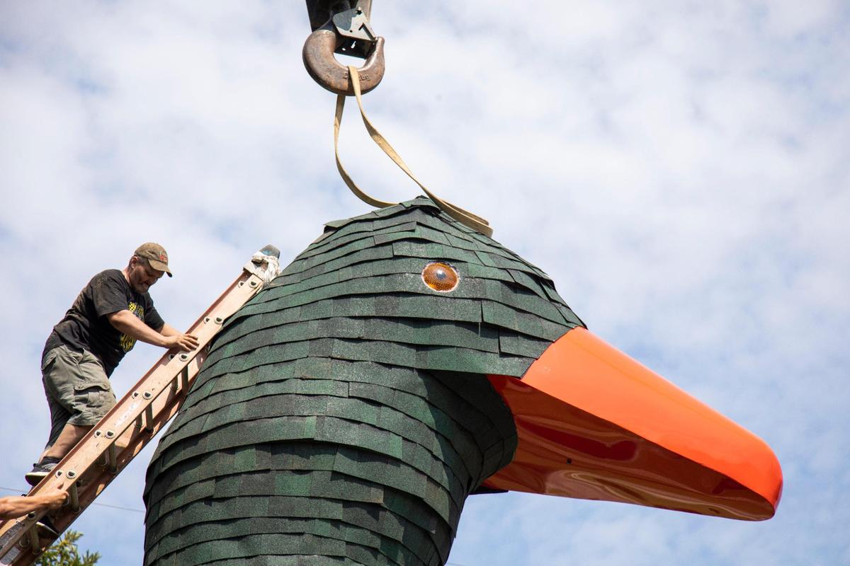 The head of the Mother Goose Inn in is replaced after collapsing from winter storms in Hazard, Ky., Friday, August 27, 2021. The over 17 foot tall gooses head fell after remaining in place over eighty years. Keith Miller worked on repairing and installing the structure.