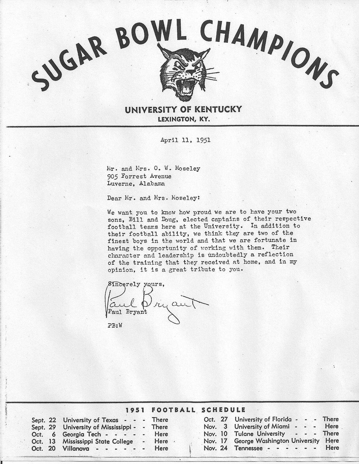 In a letter addressed to “Mr. and Mrs. O.W. Moseley” on April 11, 1951, then-Kentucky football coach Bear Bryant thanked the family for sending UK two sons, Bill and Doug Moseley, who were each elected team captains. Bill Moseley was team captain of UK’s 1947 Great Lakes Bowl championship team; his younger brother Doug was one of the captains of the 1951 UK team that won the Cotton Bowl.