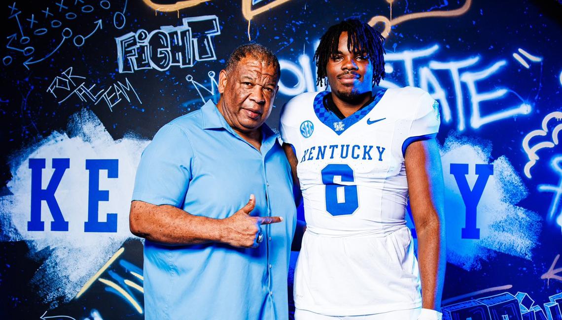 Kentucky football recruiting coordinator Vince Marrow with Javeon Campbell during the Western Hills defensive lineman’s visit to UK before he ultimately committed to the Wildcats on July 2, 2024.