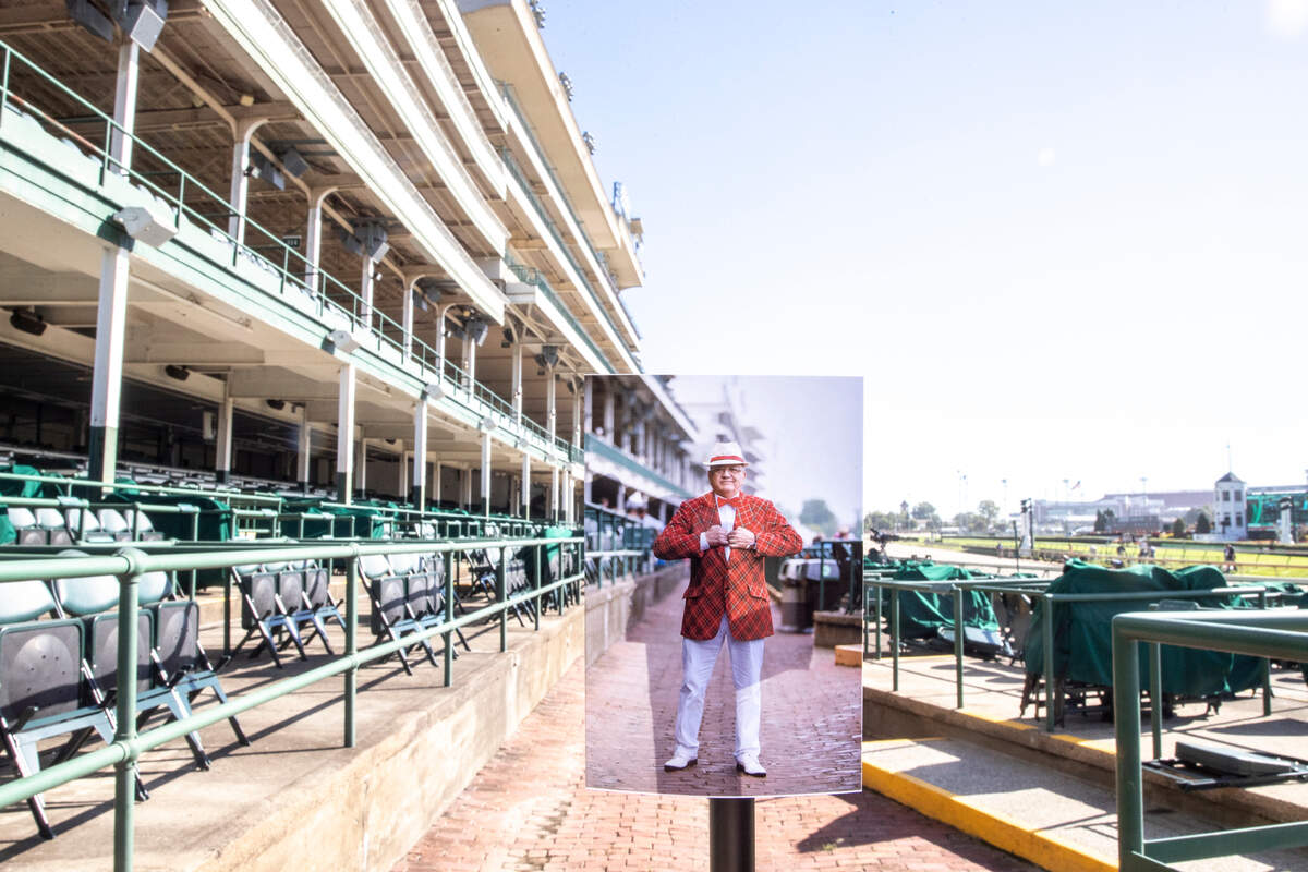 The stands at Churchill Downs are empty on Derby Day, Saturday, Sept. 5, 2020 as compared to a picture of a patron in the same spot on Derby Day, 2019. 2019 photo by Amy Wallot.