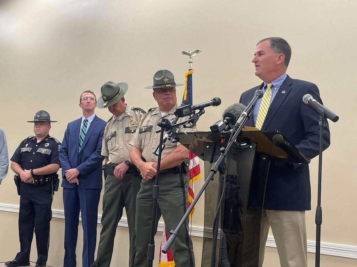 Kentucky State Police Commissioner Phillip Burnett Jr. speaks at a press conference in late 2024.
