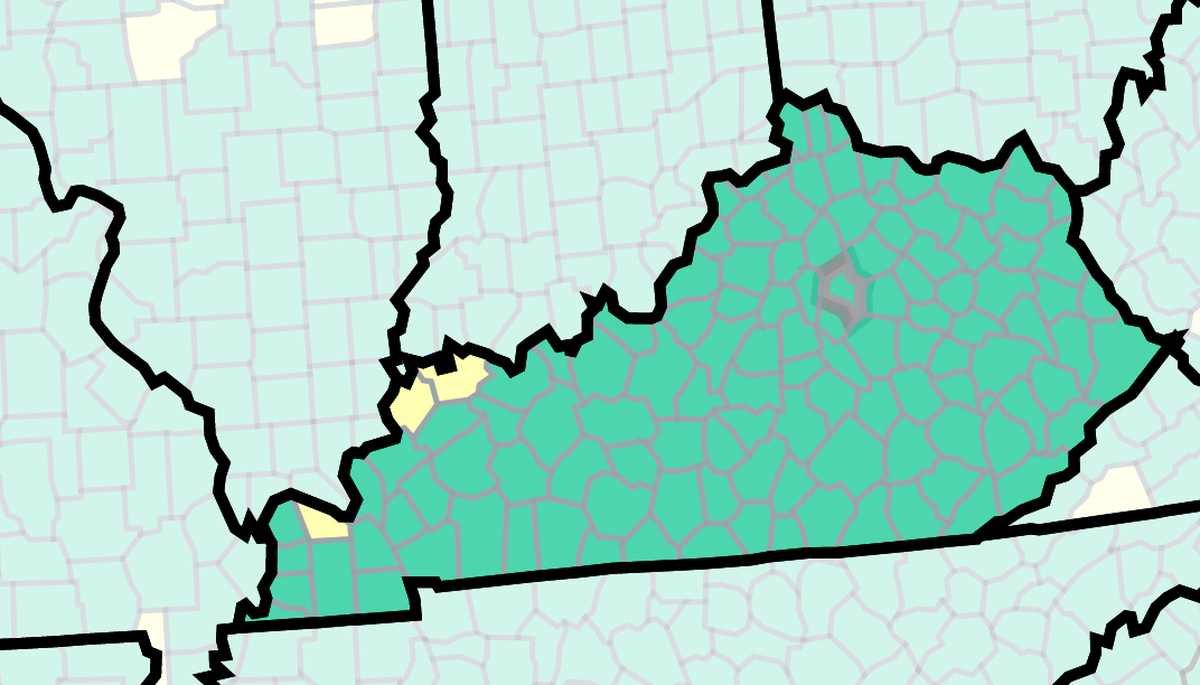 This map of Kentucky from the U.S. Centers for Disease Control and Prevention shows COVID-19 community levels by county as of May 5.