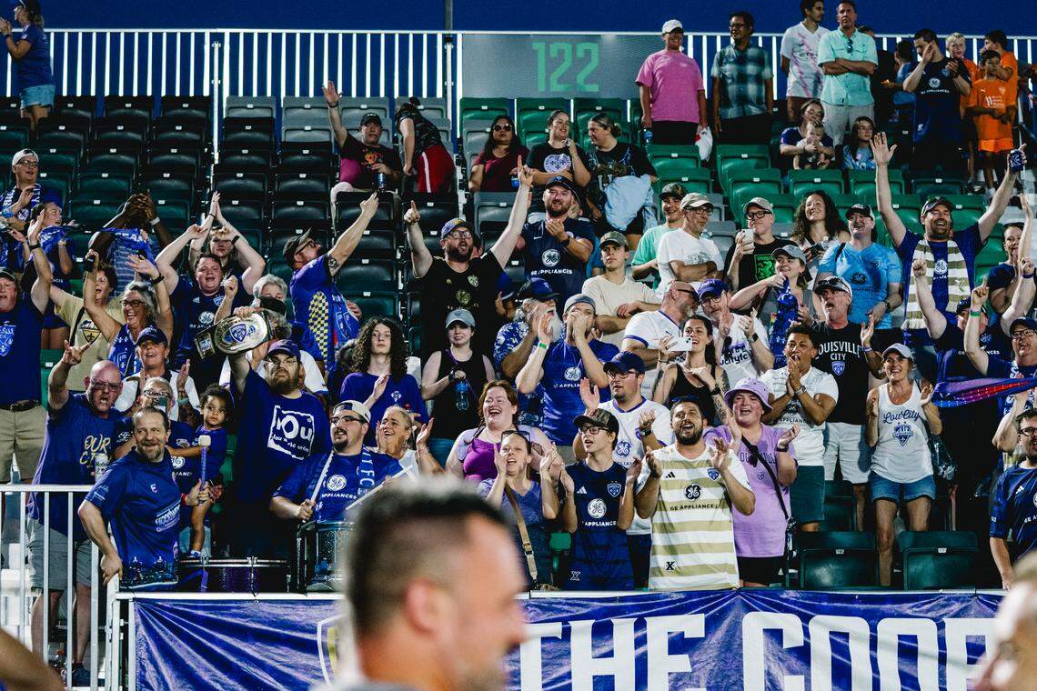 Louisville City fans celebrate after LouCity defeated Lexington Sporting Club, 2-1, in a match played on Saturday, July 26, 2025, at the Lexington SC Stadium in Lexington.
