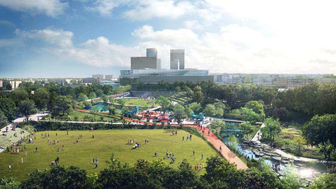 This illustration shows the proposed Town Branch Park, part of the presentation on the new Town Branch trail. The Council will hear more Tuesday May 19, 2015 about a proposal for a new linear downtown park that will connect the city's two main trail systems. The city is applying for a $13 million federal transportation grant and Mayor Jim Gray is asking for $10 million for the project in his proposed city budget. Image: MIR,NBBJ, SCAPE/Landscape Architecture