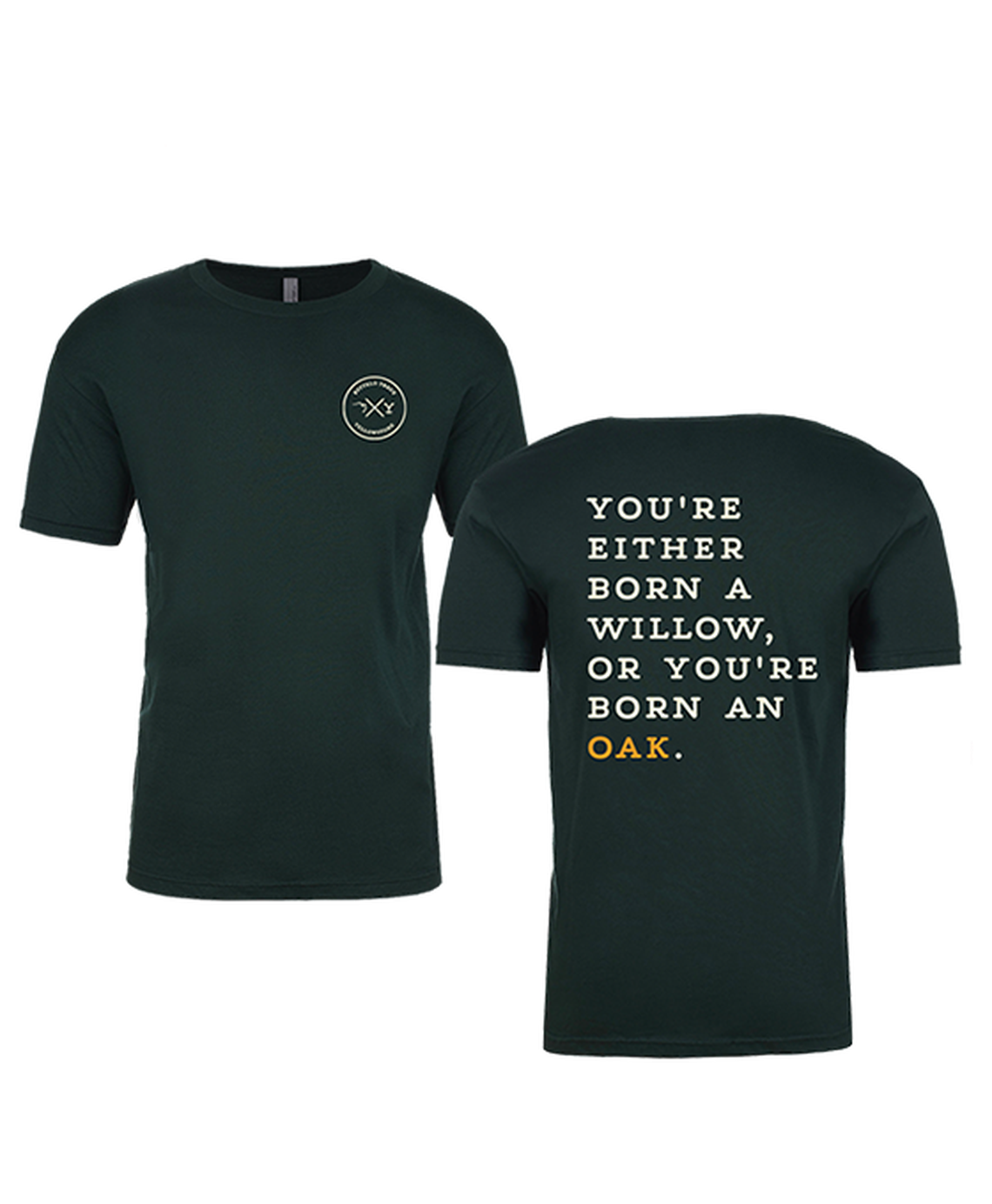 Buffalo Trace X Yellowstone T-shirts saying “You’re either born a willow or you’re born an oak” are for sale at the distillery.