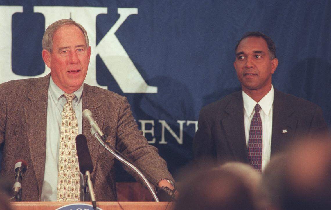 C.M. Newton introduced Tubby Smith as Kentucky's men's basketball coach during a press conference in 1997.