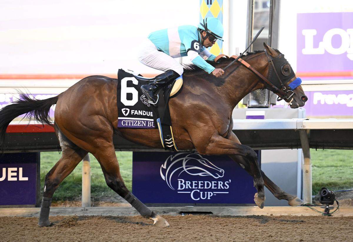 Citizen Bull, ridden by Martin Garcia, wins the Breeders’ Cup Juvenile for trainer Bob Baffert at Del Mar Thoroughbred Club in California on Friday.