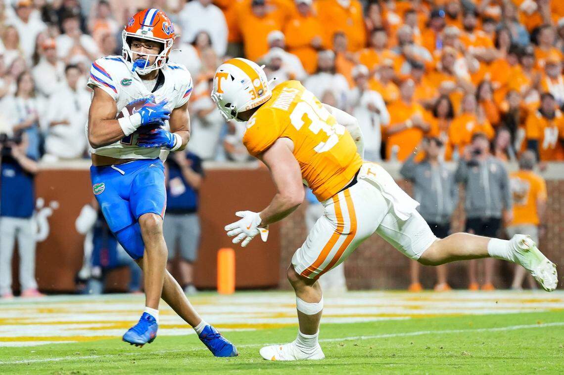 Florida wide receiver Chimere Dike (17) caught the touchdown pass from DJ Lagway that sent the Gators’ game at Tennessee last week into overtime. UT won 23-17 in the OT.