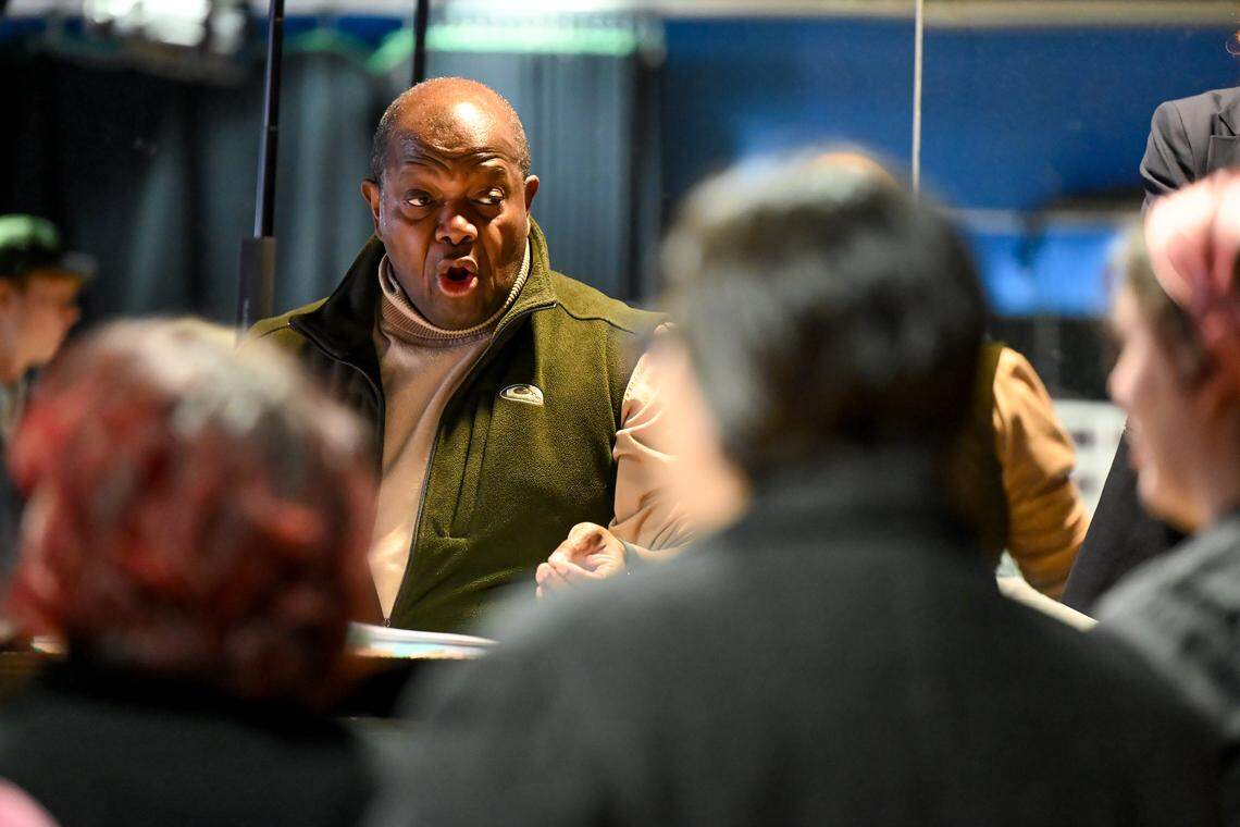 UK Opera Theatre director Everett McCorvey conducts a rehearsal of "A Nation of Others." The University of Kentucky Opera Theatre presents the world premiere of "A Nation of Others," an opera by Paul Moravec with a libretto by Mark Campbell. This photo was taken at a rehearsal February 28, 2026 in the Schmidt Vocal Arts Center on the University of Kentucky Campus in Lexington, Kentucky.