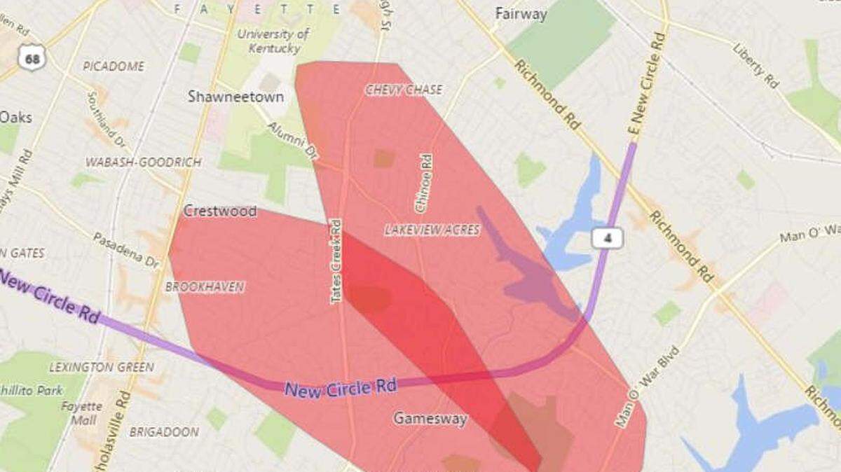 Lexington’s Division of Emergency Management released this map of the neighborhoods where power was lost Thursday afternoon.