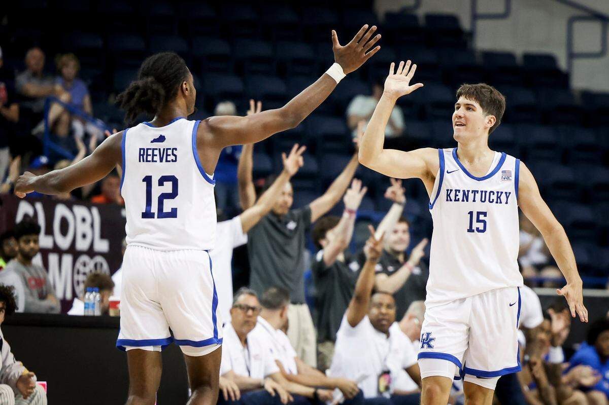 Kentucky super-senior Antonio Reeves (12) and freshman Reed Sheppard (15) were among the bright spots in UK’s gold-medal-winning performance in the 2023 GLOBL JAM in Toronto this summer.