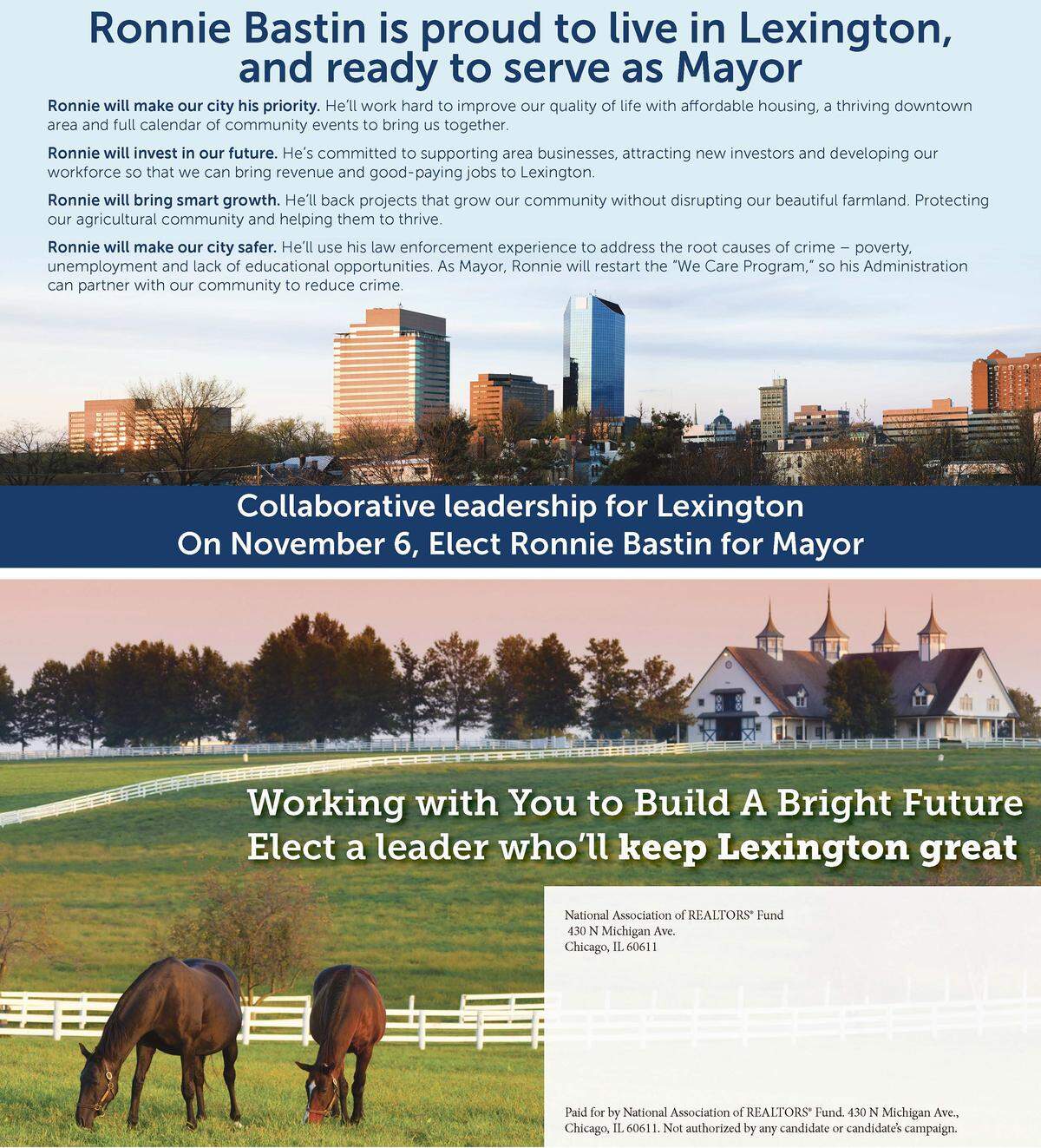 Brochure sent to Fayette County residents by the National Association of Realtors Fund, a national real estate PAC, supporting Ronnie Bastin, a candidate for mayor.