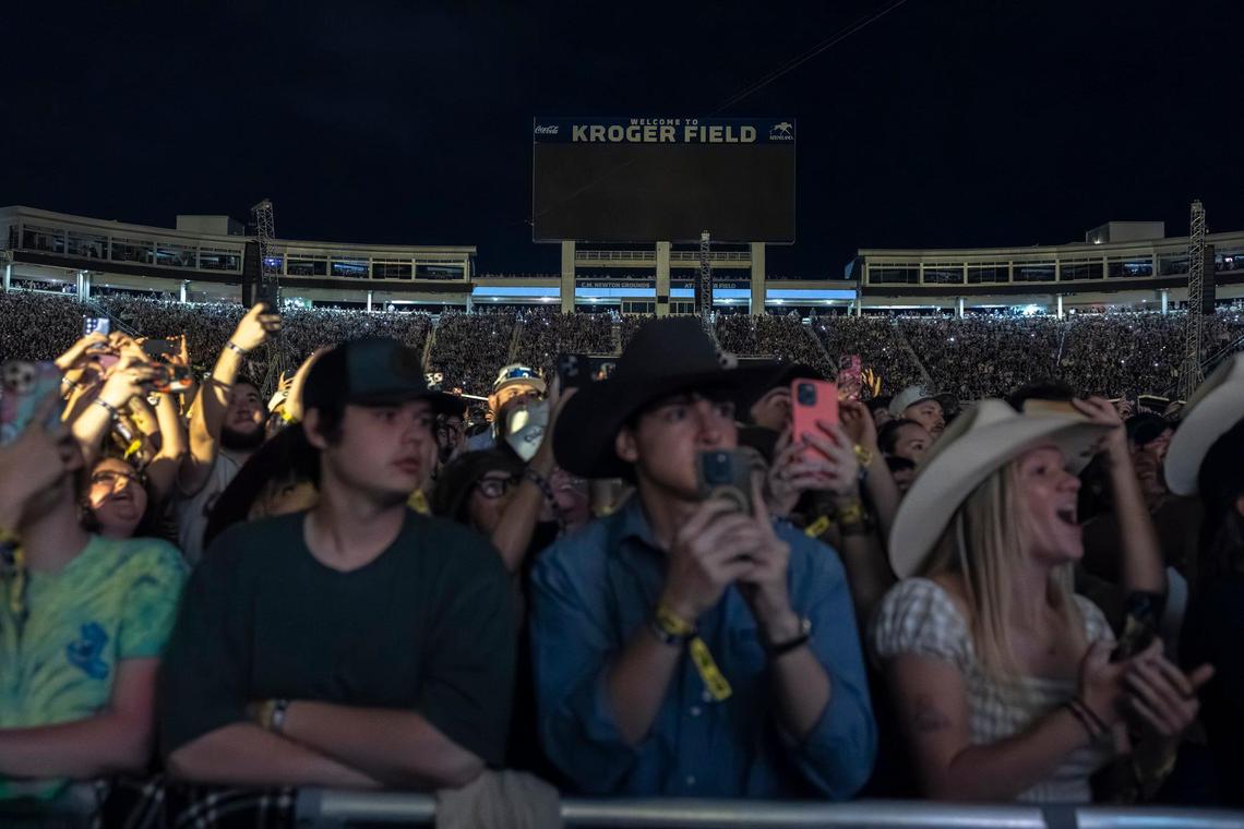 Fans watch as Tyler Childers performs at Kroger Field in Lexington, Ky., during his “On the Road” tour on Saturday, April 19, 2025.
