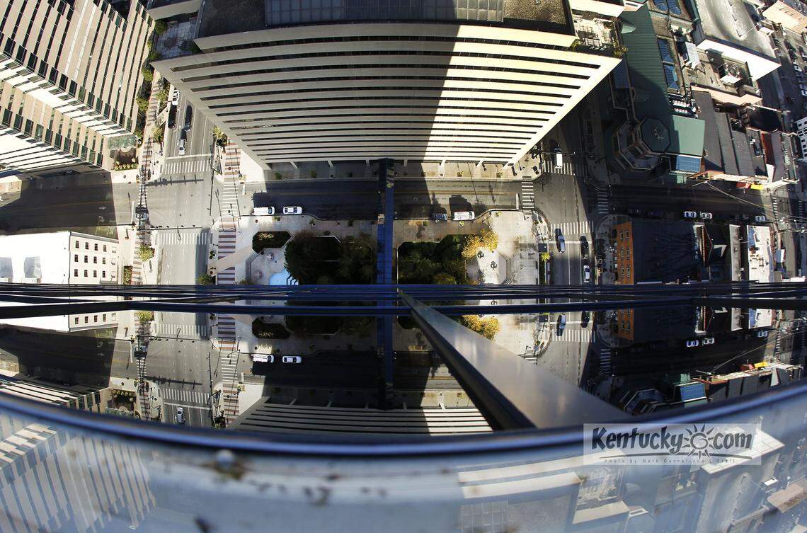 The view from the 31st floor looking down the side of the Lexington Financial Center where Bill Alley, 74, will be the oldest participant in the Brave the Blue event with people rappellling down the building, photographed on Thursday October 17, 2012 in Lexington, Ky. Photo by Mark Cornelison | Staff
