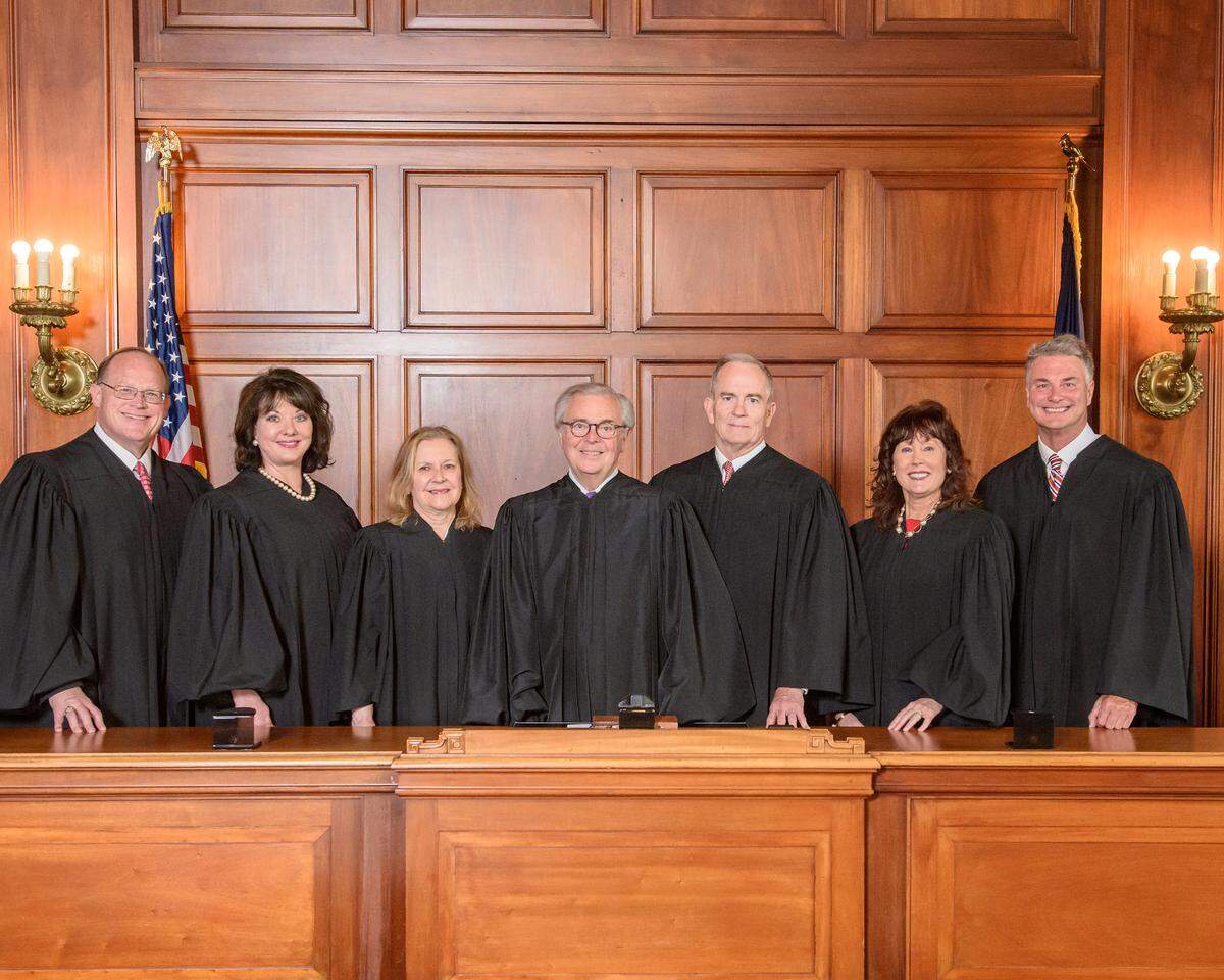 The Kentucky Supreme Court with Chief Justice John D. Minton Jr. is photographed with the addition of Justice Robert B. Conley, Tuesday, June 8, 2021, in the Supreme Court Courtroom in Frankfort, Ky. (AOC Photo/Brian Bohannon)