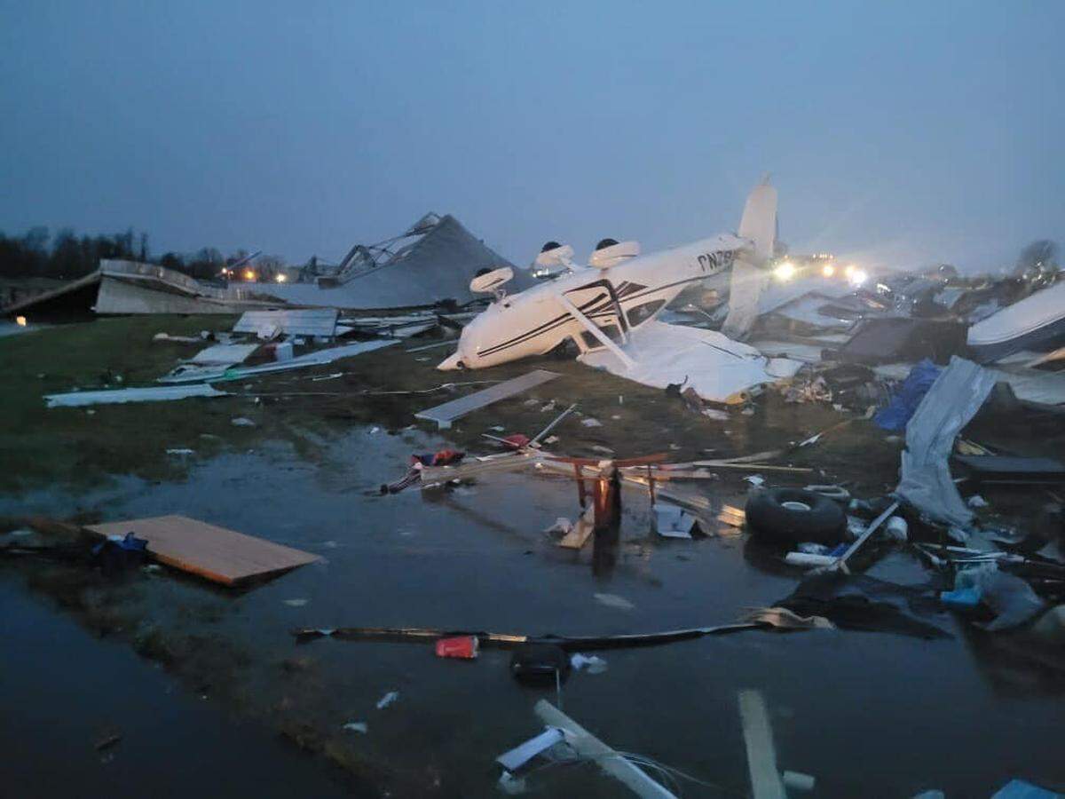 The Danville-Boyle County Airport was hit by a tornado Saturday morning, heavily damaging hangars and airplanes.