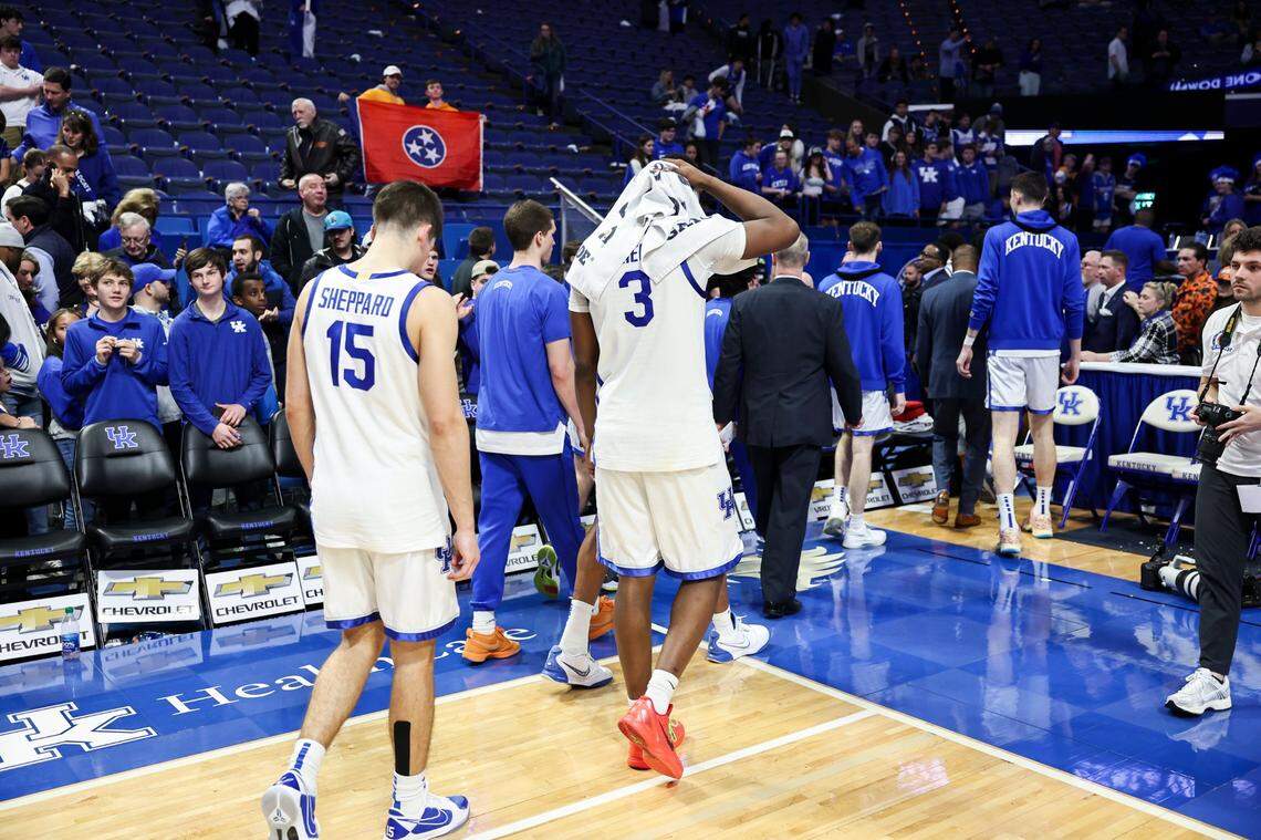 Kentucky guards Adou Thiero (3) and Reed Sheppard (15) exit the floor after a 103-92 loss to Tennessee on Saturday at Rupp Arena.