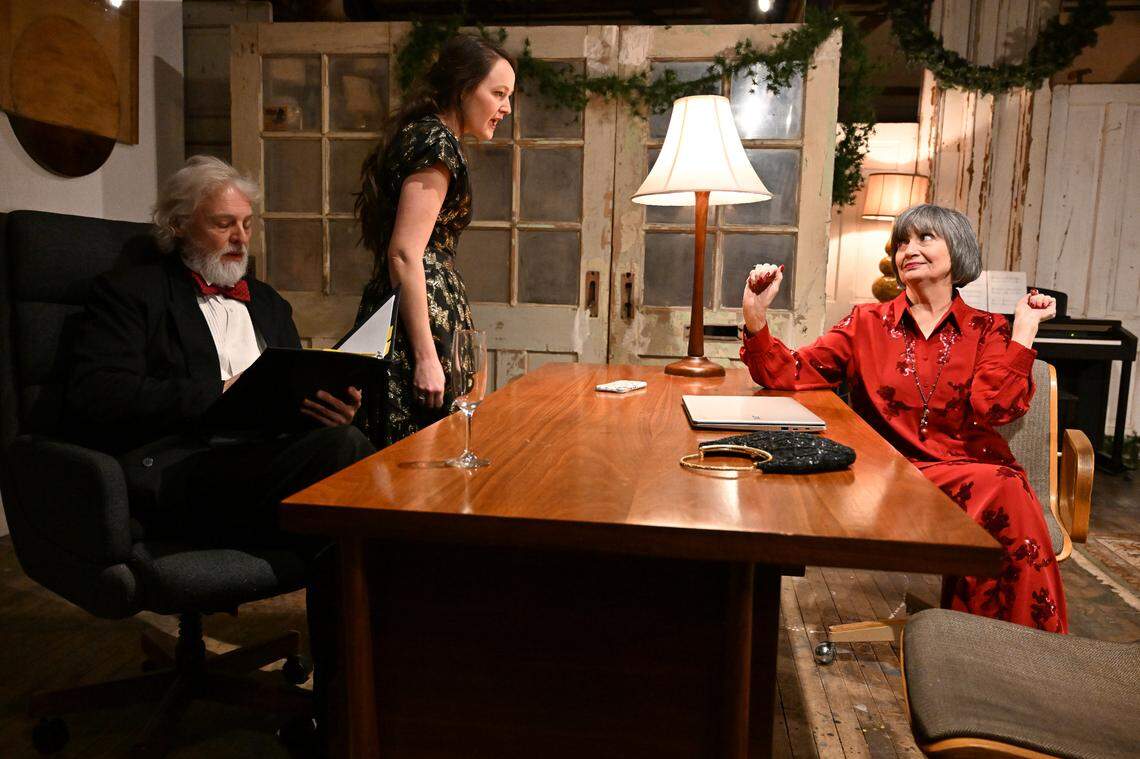 Henry (Kevin Hardesty) listens as his mistress Alais (Shelby Vogelpohl) and estranged wife Eleanor (Missy Johnston) have a discussion. On the Verge Theatre presents “The Lion in Winter” at Luigart Studio, 110 Luigart Court in Lexington, Kentucky, Jan. 23-Feb. 1. This photo was taken at a rehearsal Jan. 17, 2025.