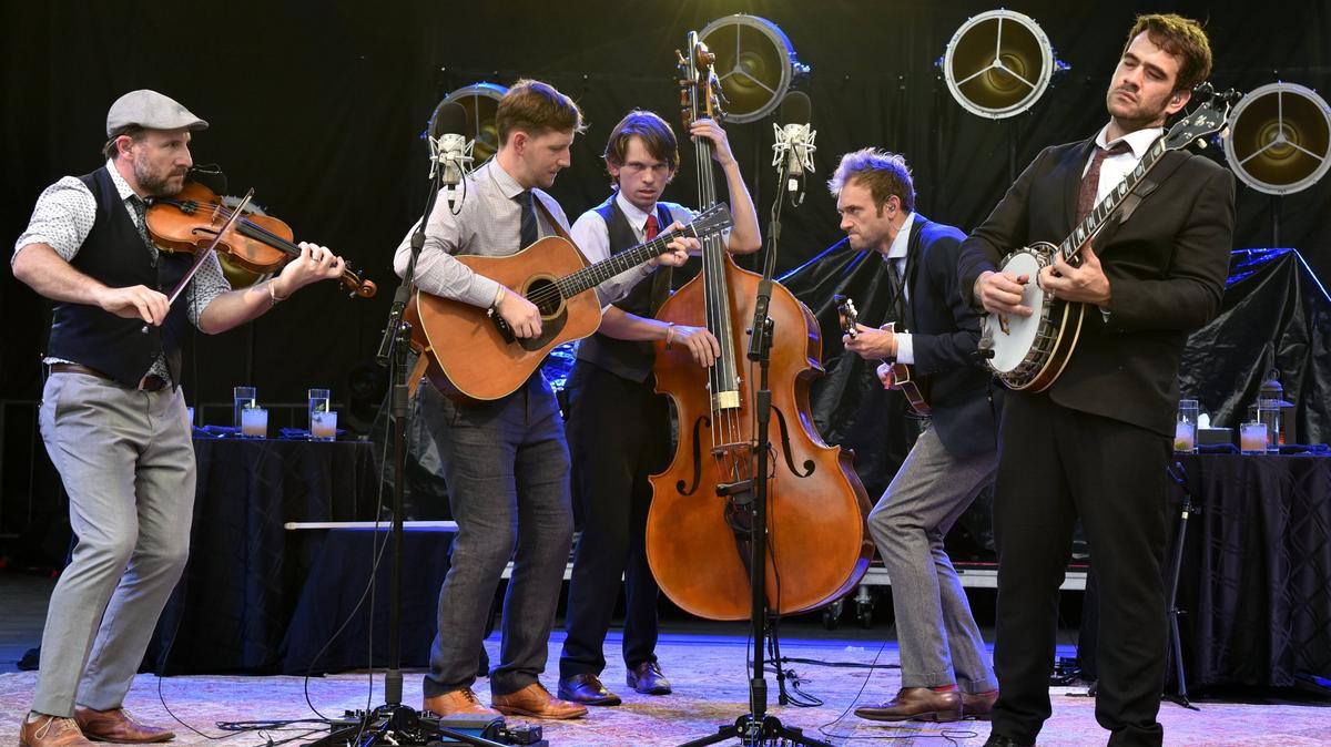 Punch Brothers -- Gabe Witcheron, Chris Eldridge, Paul Kowert, Chris Thile, and Noam Pikelny -- on stage at the Forecastle Festival, July 15. The band’s new album, “All Aboard,” is out July 20.