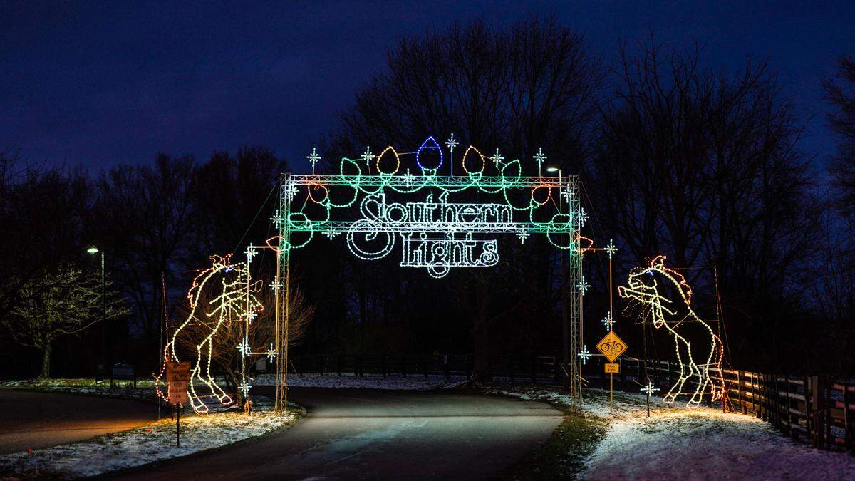 The entrance to the Southern Lights Holiday Festival Display at the Kentucky Hose Park in Lexington, Ky. The three-mile long holiday light display started in 1993 and is a fundraiser for the Horse Park.