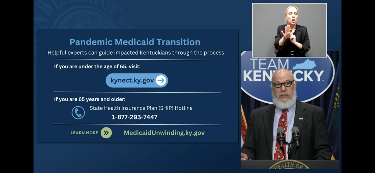 A screen capture of Kentucky's Health and Family Secretary Eric Friedlander giving a briefing on the draw down of state's Medicaid program after the upcoming end of the public health emergency for COVID-19 on May 11, 2023.