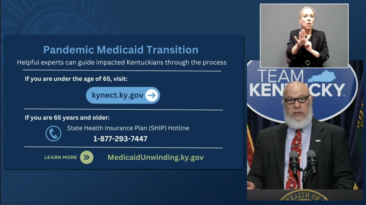 A screen capture of Kentucky's Health and Family Secretary Eric Friedlander giving a briefing on the draw down of state's Medicaid program after the upcoming end of the public health emergency for COVID-19 on May 11, 2023.