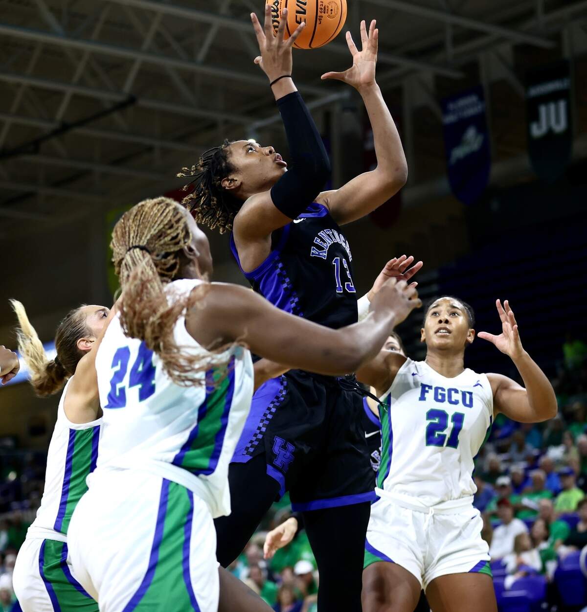 Kentucky’s Ajae Petty (13) had 15 points, 13 rebounds and two block shots in Sunday’s loss to Florida Gulf Coast.