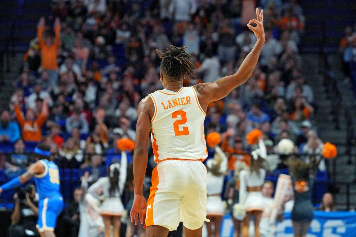 Mar 22, 2025; Lexington, KY, USA; Tennessee Volunteers guard Chaz Lanier (2) celebrates after a three pointer during the second half against the UCLA Bruins in the second round of the NCAA Tournament at Rupp Arena. Mandatory Credit: Aaron Doster-Imagn Images