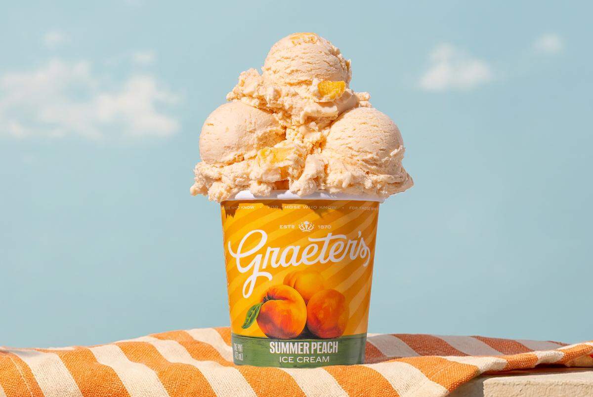 Graeter’s seasonal Summer Peach flavor features peach chunks mixed in to Graeter’s famout French Pot ice cream.