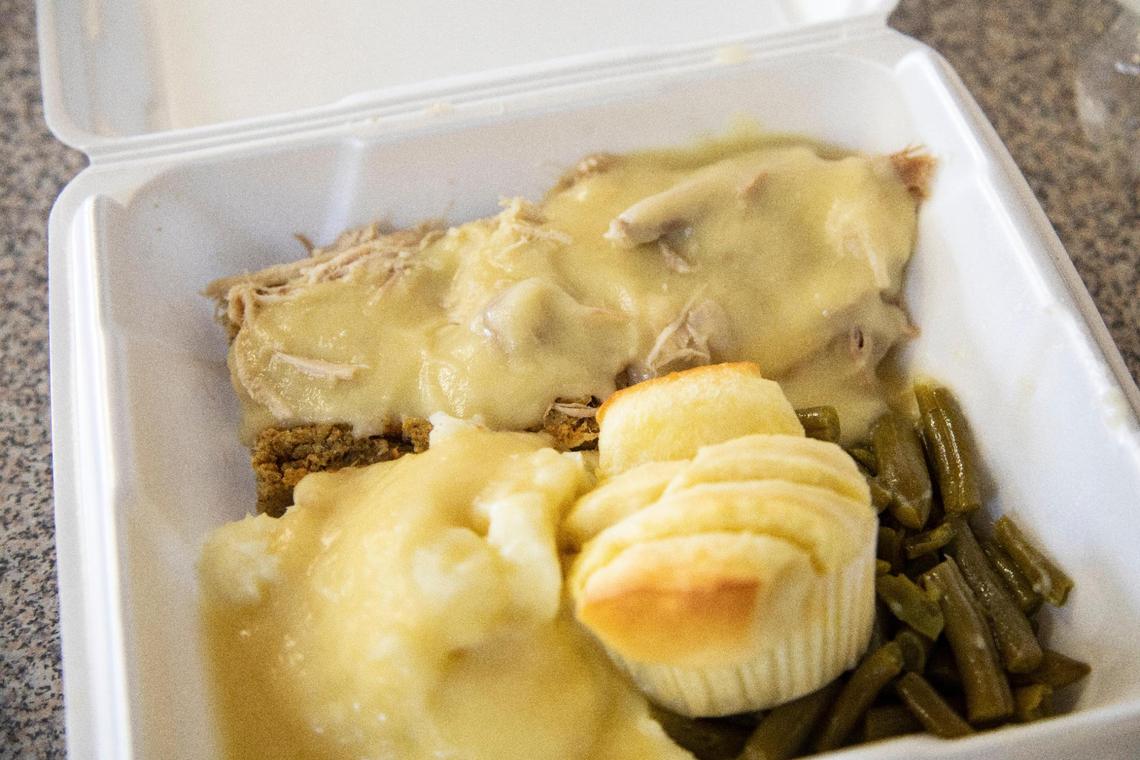 Thanksgiving dinners on Wednesdays with turkey, green beens, stuffing, mashed potatoes and gravy from Amon’s Sugar Shack in Somerset, Ky., Wednesday, November 3, 2021.