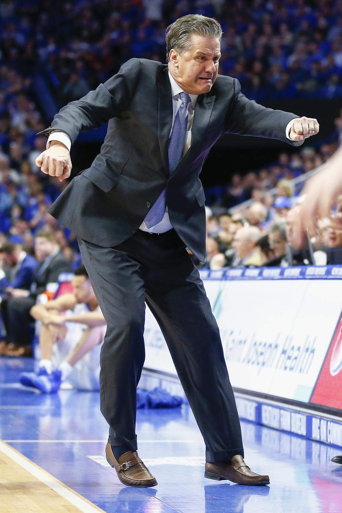 Kentucky Wildcats head coach John Calipari instructed players on the bench during their game against the Auburn Tigers Saturday, Feb. 23, 2019, at Rupp Arena in Lexington. Kentucky beat Auburn 80-53.