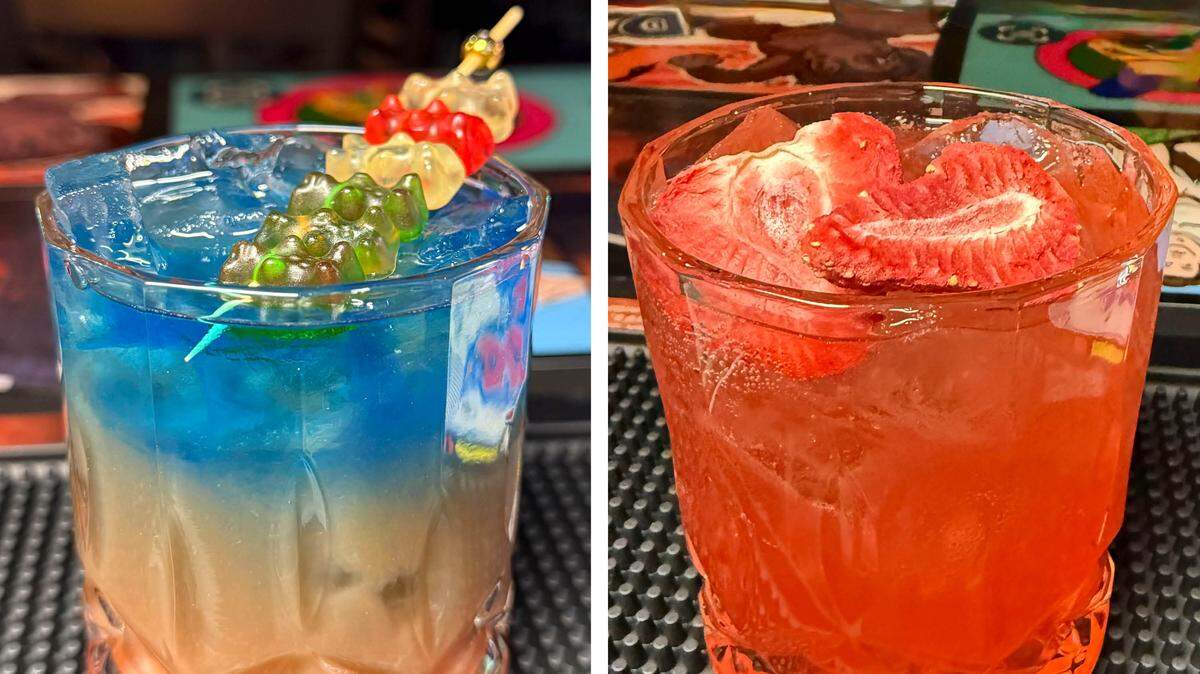 The craft cocktails at Retro Social Freeplay Arcade in Frankfort, Ky. have a video game or pop culture themed name. At left is the Rainbow Brite ($13), made with vanilla vodka, sugar free strawberry syrup, orgeat, white creme de cacao and topped with gummy bears. At right is the Princess Daisy ($12), made with whiskey, strawberry mint syrup, champagne acid, dry curaçao, lemon and water.